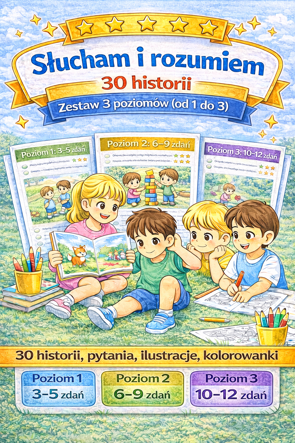 Słucham i rozumiem - Pakiet Poziom 1-3 (3 poziomy trudności): 30 historii z pytaniami (wersja PDF) - obrazek 2