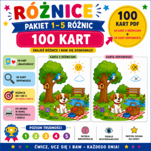 Różnice: PAKIET Poziomy: 1-5 różnic (50 kart PDF + odpowiedzi)