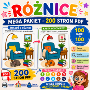 Różnice - MEGA PAKIET Poziomy: 1-10 różnic (100 kart PDF+ odpowiedzi)